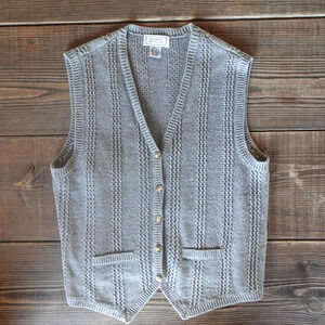 Vintage 90s Sweater Vest Womens Large Gray Rib Knit Ramie Chunky Preppy Heritage